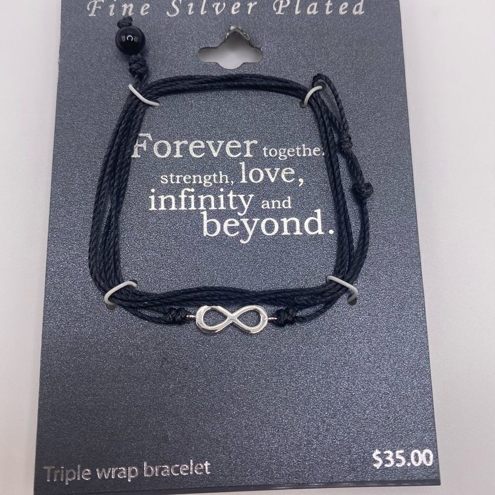 4/$20 Silver Plated Infinity Bracelet with Black Cord
